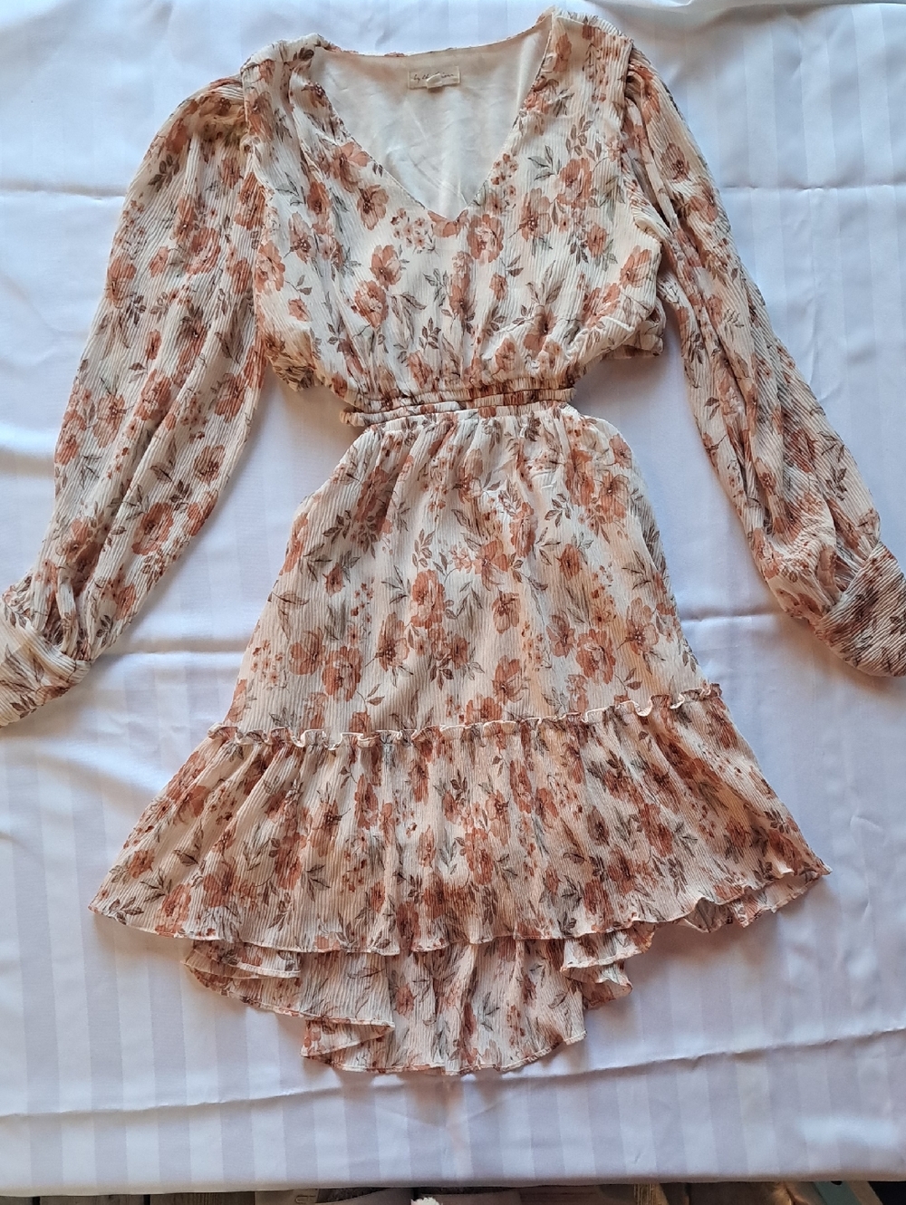 By The River - Cream Floral Long-Sleeve V‑Neck Open Back Dress. Fairycore.
